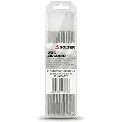 Solter Electrodos Tungsteno Blanco 0,8% Zirconio – Consumibles TIG GTAW para Aluminio, Alta Estabilidad de Arco y Baja Contaminación (2,0 Ø) AC. Solter Electrodos Tungsteno Blanco 0,8% Zirconio – Consumibles TIG GTAW para Aluminio, Alta Estabilidad de Arco y Baja Contaminación (2,0 Ø) AC.