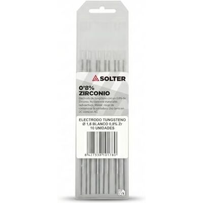 Solter Electrodos Tungsteno Blanco 0,8% Zirconio – Consumibles TIG GTAW para Aluminio, Alta Estabilidad de Arco y Baja Contaminación (1,6 Ø) Solter Electrodos Tungsteno Blanco 0,8% Zirconio – Consumibles TIG GTAW para Aluminio, Alta Estabilidad de Arco y Baja Contaminación (1,6 Ø)