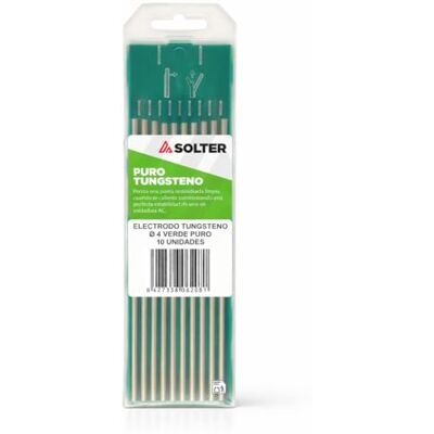 Solter Electrodo tungsteno verde, Tungsteno puro 100%, TIG AC, Para soldadura de aluminio y magnesio, Caja 10 unidades. (4,0 Ø) Solter Electrodo tungsteno verde, Tungsteno puro 100%, TIG AC, Para soldadura de aluminio y magnesio, Caja 10 unidades. (4,0 Ø)