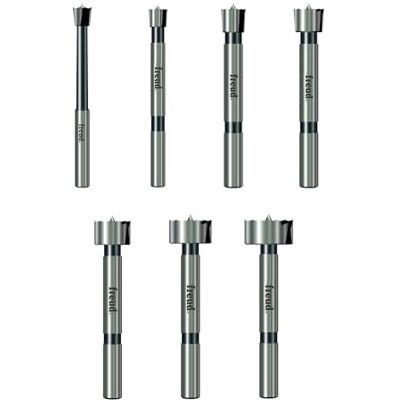 FREUD Juego de brocas Forstner de borde dentado de precisión con bordes de corte inclinados para agujeros inferiores, de bolsillo y superpuestos, incluye 7 brocas, 1/4 a 1 pulgada FREUD Juego de brocas Forstner de borde dentado de precisión con bordes de corte inclinados para agujeros inferiores, de bolsillo y superpuestos, incluye 7 brocas, 1/4 a 1 pulgada