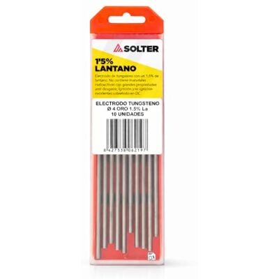 Solter Electrodo tungsteno oro 1,5% lantano Ø4,0 mm, Ref. , TIG DC (GTAW), Alternativa no radiactiva al torio, Caja 10 uds Solter Electrodo tungsteno oro 1,5% lantano Ø4,0 mm, Ref. , TIG DC (GTAW), Alternativa no radiactiva al torio, Caja 10 uds