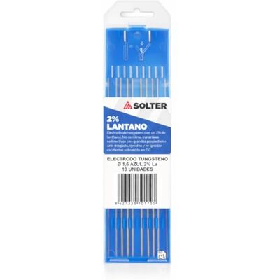 Solter Electrodos de Tungsteno Azul 2% Lantano (WL20) Caja 10 Unidades Soldadura TIG en Corriente Continua (DC) Arco Estable para Acero, Inox, Titanio y Cobre (1,6 Ø) Solter Electrodos de Tungsteno Azul 2% Lantano (WL20) Caja 10 Unidades Soldadura TIG en Corriente Continua (DC) Arco Estable para Acero, Inox, Titanio y Cobre (1,6 Ø)