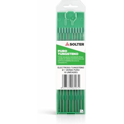 Solter Electrodo tungsteno verde, Tungsteno puro 100%, TIG AC, Para soldadura de aluminio y magnesio, Caja 10 unidades. (1,0 Ø) ref. Solter Electrodo tungsteno verde, Tungsteno puro 100%, TIG AC, Para soldadura de aluminio y magnesio, Caja 10 unidades. (1,0 Ø) ref.