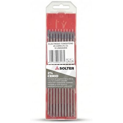 Solter Electrodo tungsteno gris 2% cerio (CeO₂), Ø4,0 mm, TIG DC (GTAW), Arco estable para altas intensidades y trabajos pesados, Pack 10 unidades Solter Electrodo tungsteno gris 2% cerio (CeO₂), Ø4,0 mm, TIG DC (GTAW), Arco estable para altas intensidades y trabajos pesados, Pack 10 unidades