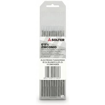Solter Electrodos Tungsteno Blanco 0,8% Zirconio – Consumibles TIG GTAW para Aluminio, Alta Estabilidad de Arco y Baja Contaminación (2,4 Ø) AC. Solter Electrodos Tungsteno Blanco 0,8% Zirconio – Consumibles TIG GTAW para Aluminio, Alta Estabilidad de Arco y Baja Contaminación (2,4 Ø) AC.