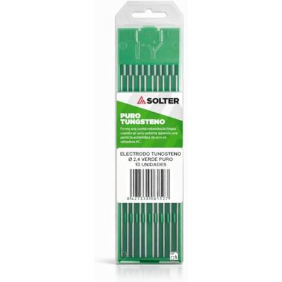 Solter Electrodo tungsteno verde, Tungsteno puro 100%, TIG AC, Para soldadura de aluminio y magnesio, Caja 10 unidades. (2,4 Ø) Solter Electrodo tungsteno verde, Tungsteno puro 100%, TIG AC, Para soldadura de aluminio y magnesio, Caja 10 unidades. (2,4 Ø)