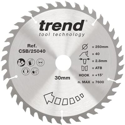 Trend Hoja de sierra circular Wood, 250 mm de diámetro, orificio de 30 mm, 40 dientes, corte de 2,8 mm, gancho de +15°, TCT, acabado medio, Trend Hoja de sierra circular Wood, 250 mm de diámetro, orificio de 30 mm, 40 dientes, corte de 2,8 mm, gancho de +15°, TCT, acabado medio,
