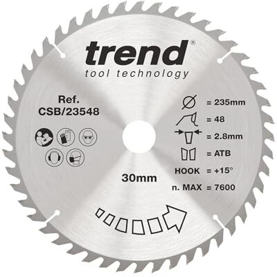 Trend Hoja de sierra circular para madera , diámetro de 235 mm, orificio de 30 mm, 48 dientes, corte de 2,8 mm, gancho de +15°, TCT, acabado fino, Trend Hoja de sierra circular para madera , diámetro de 235 mm, orificio de 30 mm, 48 dientes, corte de 2,8 mm, gancho de +15°, TCT, acabado fino,