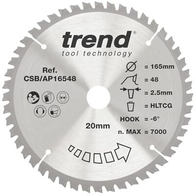 Trend CraftPro Hoja de sierra circular TCT para encimera de aluminio y plástico, 165 mm de diámetro x 48 dientes x 20 mm de diámetro interior, punta de carburo de tungsteno, Trend CraftPro Hoja de sierra circular TCT para encimera de aluminio y plástico, 165 mm de diámetro x 48 dientes x 20 mm de diámetro interior, punta de carburo de tungsteno,