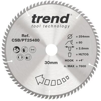 Trend Hoja de sierra circular para laminado y HPL, 254 mm de diámetro, orificio de 30 mm, 80 dientes, corte de 2,8 mm, +4° Hook, TCT, Acabado superfino, Trend Hoja de sierra circular para laminado y HPL, 254 mm de diámetro, orificio de 30 mm, 80 dientes, corte de 2,8 mm, +4° Hook, TCT, Acabado superfino,