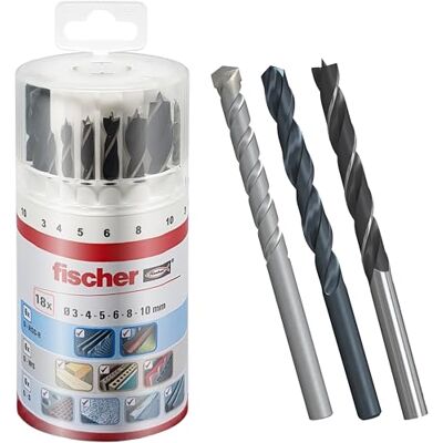 fischer Kit de Brocas Profesionales para Taladro, 18 Piezas Versátiles para Pared, Madera, Metal, Juego Surtido con Diámetros de 3 a 10 mm, Durables, para Bricolaje y Profesionales fischer Kit de Brocas Profesionales para Taladro, 18 Piezas Versátiles para Pared, Madera, Metal, Juego Surtido con Diámetros de 3 a 10 mm, Durables, para Bricolaje y Profesionales