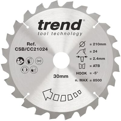 Trend Hoja de sierra ingletadora Wood, 210 mm de diámetro, orificio de 30 mm, 24 dientes, corte de 2,4 mm, gancho de -5°, TCT, acabado grueso, Trend Hoja de sierra ingletadora Wood, 210 mm de diámetro, orificio de 30 mm, 24 dientes, corte de 2,4 mm, gancho de -5°, TCT, acabado grueso,