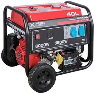 XGREENS Generador de corriente (gasolina) (máx. 6.000 W, depósito 40 l, AVR, Powered by Honda, ruedas, alerta aceite, trifásico, 2 tomas 230 V, protección térmica y panel digital) XGREENS Generador de corriente (gasolina) (máx. 6.000 W, depósito 40 l, AVR, Powered by Honda, ruedas, alerta aceite, trifásico, 2 tomas 230 V, protección térmica y panel digital)