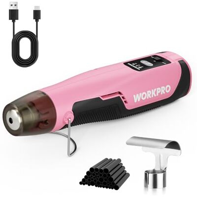 WORKPRO Pistola Aire Caliente Mini Inalámbrica, 3 Temperaturas calentamiento rápido con boquilla reflectora y 50 tubos termorretráctiles, para bricolaje, repujado y manualidades, Rosa WORKPRO Pistola Aire Caliente Mini Inalámbrica, 3 Temperaturas calentamiento rápido con boquilla reflectora y 50 tubos termorretráctiles, para bricolaje, repujado y manualidades, Rosa