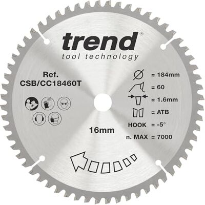 Trend CraftPro Hoja de sierra TCT de corte transversal con gancho negativo, 184 mm de diámetro x 60 dientes x 16 mm de diámetro interior, punta de carburo de tungsteno, Trend CraftPro Hoja de sierra TCT de corte transversal con gancho negativo, 184 mm de diámetro x 60 dientes x 16 mm de diámetro interior, punta de carburo de tungsteno,