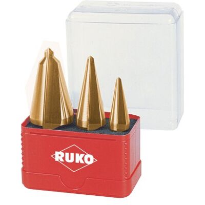 RUKO Juego de brocas cónicas para chapa 3 piezas (HSS-TiN, 2 filos, Split point, vástago tres caras) RUKO Juego de brocas cónicas para chapa 3 piezas (HSS-TiN, 2 filos, Split point, vástago tres caras)
