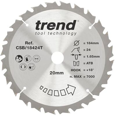 Trend Hoja de Sierra Circular Inalámbrica para Madera, 184mm de Diámetro, 20mm de Orificio, 24 Dientes, 1.65mm de Corte, +18° de Ángulo, metal duro (TCT), Acabado Medio, Trend Hoja de Sierra Circular Inalámbrica para Madera, 184mm de Diámetro, 20mm de Orificio, 24 Dientes, 1.65mm de Corte, +18° de Ángulo, metal duro (TCT), Acabado Medio,