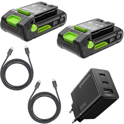 Greenworks 2Pack Batería Recargable de Alta Potencia de 24 V 2 Ah con USB-C, Cargador USB-C de 65 W y Cable de 100 W, 2 años de garantía K2D4DEA Greenworks 2Pack Batería Recargable de Alta Potencia de 24 V 2 Ah con USB-C, Cargador USB-C de 65 W y Cable de 100 W, 2 años de garantía K2D4DEA