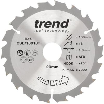 Trend Hoja de sierra circular inalámbrica Wood, 160 mm de diámetro, orificio de 20 mm, 18 dientes, corte de 1,8 mm, gancho de +20°, TCT, acabado grueso, Trend Hoja de sierra circular inalámbrica Wood, 160 mm de diámetro, orificio de 20 mm, 18 dientes, corte de 1,8 mm, gancho de +20°, TCT, acabado grueso,