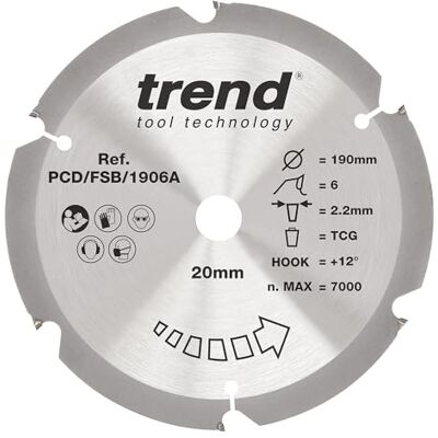 Trend Hoja de sierra circular para fibrocemento PCD, diámetro de 190 mm, orificio de 20 mm, 6 dientes, corte de 2,2 mm, gancho de +12°, PCD, acabado grueso, Trend Hoja de sierra circular para fibrocemento PCD, diámetro de 190 mm, orificio de 20 mm, 6 dientes, corte de 2,2 mm, gancho de +12°, PCD, acabado grueso,
