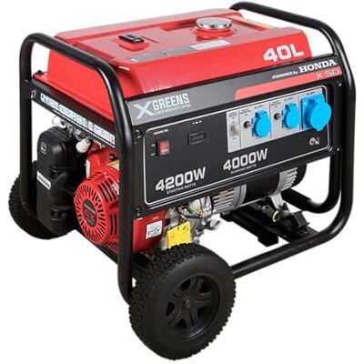 XGREENS Generador de corriente (gasolina) (máx. 4.200W, depósito 40 l, AVR, Powered by Honda, ruedas, alerta aceite, monofásico, 3 tomas 230V, protección térmica y panel digital) XGREENS Generador de corriente (gasolina) (máx. 4.200W, depósito 40 l, AVR, Powered by Honda, ruedas, alerta aceite, monofásico, 3 tomas 230V, protección térmica y panel digital)