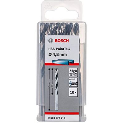 Bosch Professional 10 brocas helicoidales HSS PointTeQ, para metal, 4.8 x 52 x 86 mm, accesorio de taladro Bosch Professional 10 brocas helicoidales HSS PointTeQ, para metal, 4.8 x 52 x 86 mm, accesorio de taladro