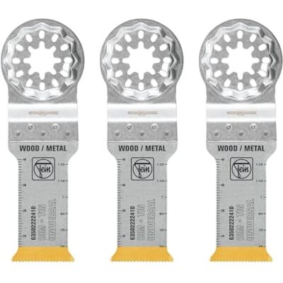 Fein Hoja de sierra E-Cut universal bimetálica con una larga vida útil, hoja de sierra para cortes profundos,3 Unid., Ancho 28 mm, Longitud 55 mm, Alojamiento Starlock, con revestimiento de titanio Fein Hoja de sierra E-Cut universal bimetálica con una larga vida útil, hoja de sierra para cortes profundos,3 Unid., Ancho 28 mm, Longitud 55 mm, Alojamiento Starlock, con revestimiento de titanio