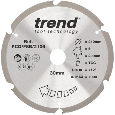 Trend Hoja de sierra circular para fibrocemento PCD, diámetro de 210 mm, 30 mm de diámetro interior, 6 dientes, corte de 2,4 mm, gancho de +12°, PCD, acabado grueso, Trend Hoja de sierra circular para fibrocemento PCD, diámetro de 210 mm, 30 mm de diámetro interior, 6 dientes, corte de 2,4 mm, gancho de +12°, PCD, acabado grueso,