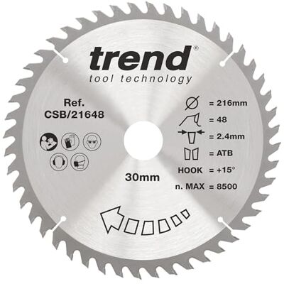 Trend Hoja de sierra circular para madera , 216 mm de diámetro, orificio de 30 mm, 48 dientes, corte de 2,4 mm, gancho de +15°, TCT, acabado fino, Trend Hoja de sierra circular para madera , 216 mm de diámetro, orificio de 30 mm, 48 dientes, corte de 2,4 mm, gancho de +15°, TCT, acabado fino,