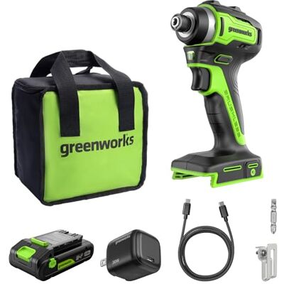 Greenworks 24V Destornillador de impacto inalámbrico sin escobillas, 220 Nm, portabrocas hexagonal de 6,35 mm. Batería USB-C de 2,0 Ah, cargador 30 W y cable trenzado de 1 m. Compatible Greenworks 24V Destornillador de impacto inalámbrico sin escobillas, 220 Nm, portabrocas hexagonal de 6,35 mm. Batería USB-C de 2,0 Ah, cargador 30 W y cable trenzado de 1 m. Compatible