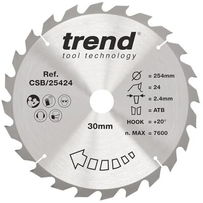 Trend Hoja de sierra circular Wood, 254 mm de diámetro, orificio de 30 mm, 24 dientes, corte de 2,4 mm, gancho de +20°, TCT, acabado grueso, Trend Hoja de sierra circular Wood, 254 mm de diámetro, orificio de 30 mm, 24 dientes, corte de 2,4 mm, gancho de +20°, TCT, acabado grueso,
