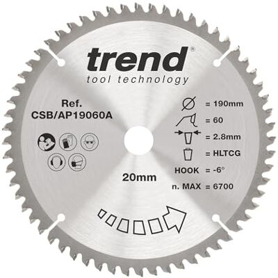 Trend Hoja de sierra circular para aluminio y plástico , 190 mm de diámetro, orificio de 20 mm, 60 dientes, corte de 2,8 mm, -6° Hook, TCT, Acabado extrafino, Trend Hoja de sierra circular para aluminio y plástico , 190 mm de diámetro, orificio de 20 mm, 60 dientes, corte de 2,8 mm, -6° Hook, TCT, Acabado extrafino,