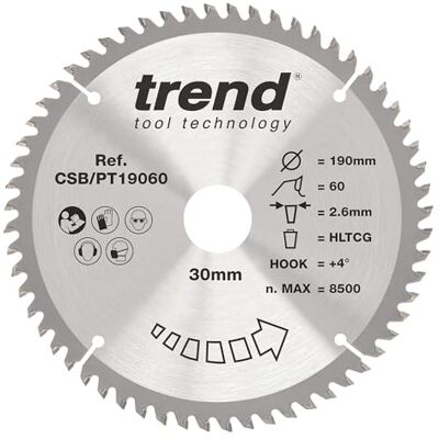 Trend Hoja de sierra circular para laminado y HPL, 190 mm de diámetro, orificio de 30 mm, 60 dientes, corte de 2,6 mm, gancho de +4°, TCT, acabado superfino, Trend Hoja de sierra circular para laminado y HPL, 190 mm de diámetro, orificio de 30 mm, 60 dientes, corte de 2,6 mm, gancho de +4°, TCT, acabado superfino,