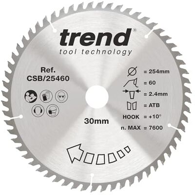 Trend Hoja de sierra circular Wood, 254 mm de diámetro, 30 mm de diámetro interior, 60 dientes, corte de 2,4 mm, gancho de +10°, TCT, acabado fino, Trend Hoja de sierra circular Wood, 254 mm de diámetro, 30 mm de diámetro interior, 60 dientes, corte de 2,4 mm, gancho de +10°, TCT, acabado fino,