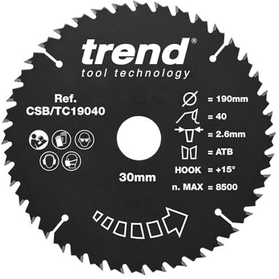 Trend Wood PTFE Hoja de Sierra Circular, 190mm de Diámetro, 30mm de Orificio, 40 Dientes, metal duro (TCT), 2.6mm de Corte, +15° de Ángulo, Trend Wood PTFE Hoja de Sierra Circular, 190mm de Diámetro, 30mm de Orificio, 40 Dientes, metal duro (TCT), 2.6mm de Corte, +15° de Ángulo,