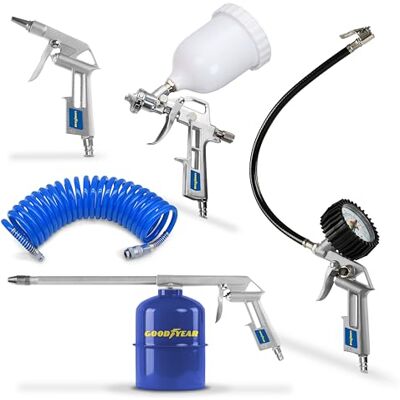 Goodyear Kit de aire para Compresor Profesional 5 piezas (Pistola de Soplado, Pistola de Petroleado, Pistola de Pintura, Pistola de Inflado, Manguera Espiral) Goodyear Kit de aire para Compresor Profesional 5 piezas (Pistola de Soplado, Pistola de Petroleado, Pistola de Pintura, Pistola de Inflado, Manguera Espiral)