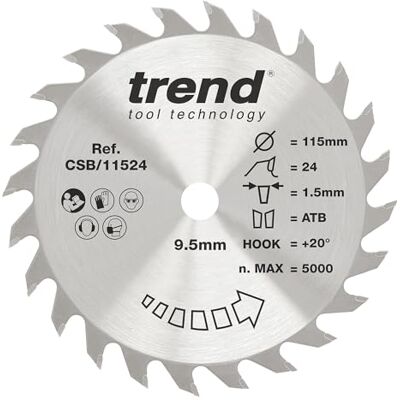 Trend Hoja de Sierra Circular para Madera, 115mm de Diámetro, 9.50mm de Orificio, 24 Dientes, 1.5mm de Corte, +20° de Ángulo, metal duro (TCT), Acabado Medio, Trend Hoja de Sierra Circular para Madera, 115mm de Diámetro, 9.50mm de Orificio, 24 Dientes, 1.5mm de Corte, +20° de Ángulo, metal duro (TCT), Acabado Medio,