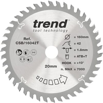 Trend Hoja de sierra circular inalámbrica para madera , 160 mm de diámetro, 20 mm de diámetro interior, 42 dientes, corte de 1,8 mm, gancho de +10°, TCT, acabado fino, Trend Hoja de sierra circular inalámbrica para madera , 160 mm de diámetro, 20 mm de diámetro interior, 42 dientes, corte de 1,8 mm, gancho de +10°, TCT, acabado fino,