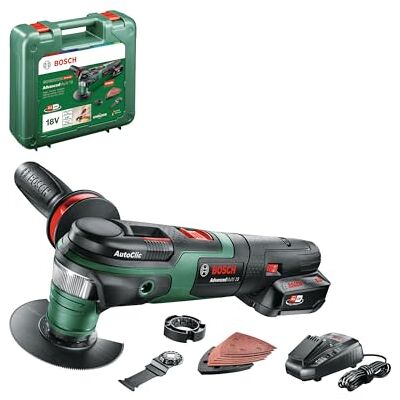 Bosch AdvancedMulti 18 Multiherramienta a batería con maletín (1 batería 18V, cargador, plato lijador delta, set de hojas de lija, 2x hojas de sierra, empuñadura adicional, Sistema 18 V, 2,5 Ah) Bosch AdvancedMulti 18 Multiherramienta a batería con maletín (1 batería 18V, cargador, plato lijador delta, set de hojas de lija, 2x hojas de sierra, empuñadura adicional, Sistema 18 V, 2,5 Ah)