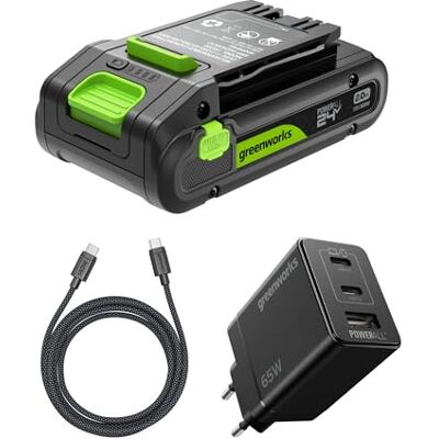 Greenworks Batería Recargable de Alta Potencia de 24 V 2 Ah con USB-C, Cargador USB-C de 65 W y Cable de 100 W, 2 años de garantía K2S2BEA Greenworks Batería Recargable de Alta Potencia de 24 V 2 Ah con USB-C, Cargador USB-C de 65 W y Cable de 100 W, 2 años de garantía K2S2BEA
