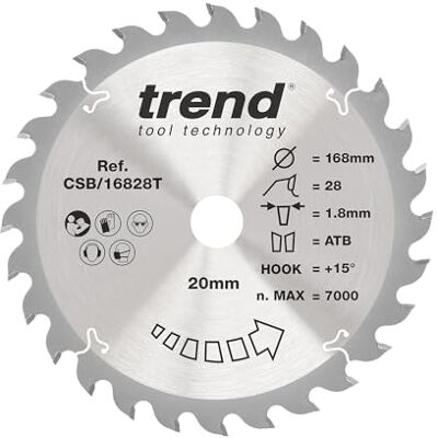 Trend Hoja de sierra circular inalámbrica Wood, 168 mm de diámetro, orificio de 20 mm, 28 dientes, corte de 1,8 mm, gancho de +15°, TCT, acabado medio, Trend Hoja de sierra circular inalámbrica Wood, 168 mm de diámetro, orificio de 20 mm, 28 dientes, corte de 1,8 mm, gancho de +15°, TCT, acabado medio,