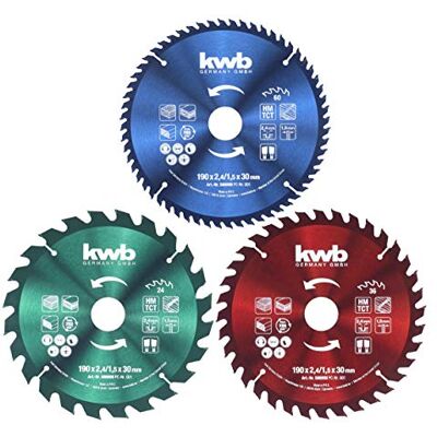 kwb 49 Juego de hojas de sierra circular (190 x 30 / 20 / 16 mm para sierras circulares de mano con anillos de reducción a 16 y 20 mm) kwb 49 Juego de hojas de sierra circular (190 x 30 / 20 / 16 mm para sierras circulares de mano con anillos de reducción a 16 y 20 mm)