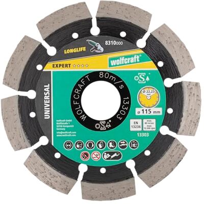 wolfcraft Disco de corte de diamante PRO LASER UNIVERSAL I I Uso universal – ideal para hormigón armado, diámetro de 115 mm, 10 mm wolfcraft Disco de corte de diamante PRO LASER UNIVERSAL I I Uso universal – ideal para hormigón armado, diámetro de 115 mm, 10 mm