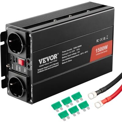 VEVOR Inversor de Corriente de Onda Sinusoidal Modificada 1500 W Inversor de Corriente CC 12 V a CA 230 V con 2 Salidas CA 2 Puertos USB, 1 Puerto Tipo C, 6 Fusibles de Repuesto para Teléfonos, PC VEVOR Inversor de Corriente de Onda Sinusoidal Modificada 1500 W Inversor de Corriente CC 12 V a CA 230 V con 2 Salidas CA 2 Puertos USB, 1 Puerto Tipo C, 6 Fusibles de Repuesto para Teléfonos, PC