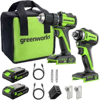 Greenworks 24V Cordless Brushless 45Nm Taladros atornilladores+220Nm Atornillador de impacto a batería Combo, alto par, ligero, (2) baterías USB-C de 2.0Ah y cargador rápido USB-C de 65W Greenworks 24V Cordless Brushless 45Nm Taladros atornilladores+220Nm Atornillador de impacto a batería Combo, alto par, ligero, (2) baterías USB-C de 2.0Ah y cargador rápido USB-C de 65W