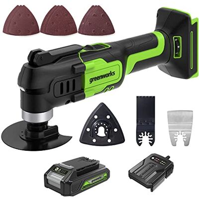 Greenworks Herramienta multifuncional 24V G24MT (Li-Ion 24V 18000 oscilaciones por minuto arco oscilante de 3° velocidades variable cambio de cuchilla sin herramienta luz LED con batería y cargador) Greenworks Herramienta multifuncional 24V G24MT (Li-Ion 24V 18000 oscilaciones por minuto arco oscilante de 3° velocidades variable cambio de cuchilla sin herramienta luz LED con batería y cargador)