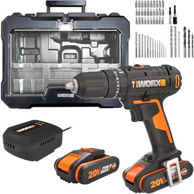 WORX Taladro de percusión inalámbrico de 20 V , 3 en 1, par máximo de 50 Nm, portabrocas de 13 mm (multimateriales, 2 velocidades, ligero y ergonómico, 2 bat x 2 Ah, cargador, 51 piezas WORX Taladro de percusión inalámbrico de 20 V , 3 en 1, par máximo de 50 Nm, portabrocas de 13 mm (multimateriales, 2 velocidades, ligero y ergonómico, 2 bat x 2 Ah, cargador, 51 piezas