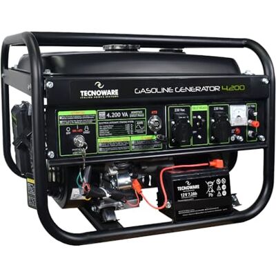 Tecnoware Power Systems Generador de Corriente 4200 VA, Motor Gasolina 4 Tiempos, Arranque Eléctrico y Manual, Depósito 15L, Compacto y Portátil, Ideal para Camping y Construcción Tecnoware Power Systems Generador de Corriente 4200 VA, Motor Gasolina 4 Tiempos, Arranque Eléctrico y Manual, Depósito 15L, Compacto y Portátil, Ideal para Camping y Construcción