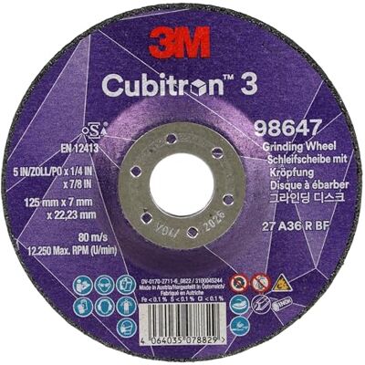 Cubitron 3M 3 Disco de Desbaste con Centro Hundido, , 36+, T27, 125 mm x 7 mm x 22.23 mm, EN, Paquete de 10 Unidades Cubitron 3M 3 Disco de Desbaste con Centro Hundido, , 36+, T27, 125 mm x 7 mm x 22.23 mm, EN, Paquete de 10 Unidades