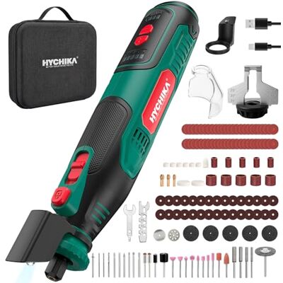 HYCHIKA BETTER TOOLS FOR BETTER LIFE HYCHIKA Herramienta rotativa inalámbrica 8V 2,0Ah batería más grande, 5 velocidades max 30000 RPM, kit 145 accesorios con afilador de cadenas y luz LED, para lijado, pulido, corte, taladrado, grabado HYCHIKA BETTER TOOLS FOR BETTER LIFE HYCHIKA Herramienta rotativa inalámbrica 8V 2,0Ah batería más grande, 5 velocidades max 30000 RPM, kit 145 accesorios con afilador de cadenas y luz LED, para lijado, pulido, corte, taladrado, grabado